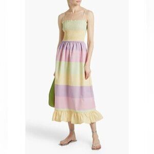 Olivia Rubin Shirred Striped Twill Midi Dress In Mint Size 8 Sundress New